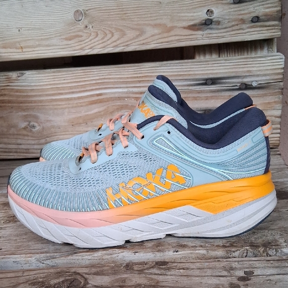 Hoka Bondi 7 Women's Blue and Orange Athletic Shoes - Picture 4 of 15